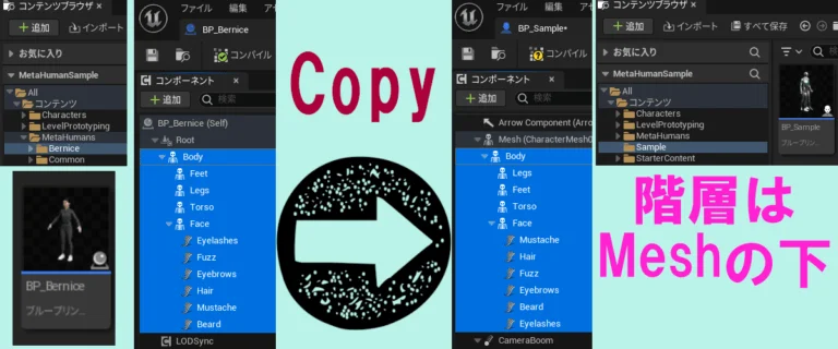 メタヒューマンのブループリントをサードパーソンブループリントにコピー